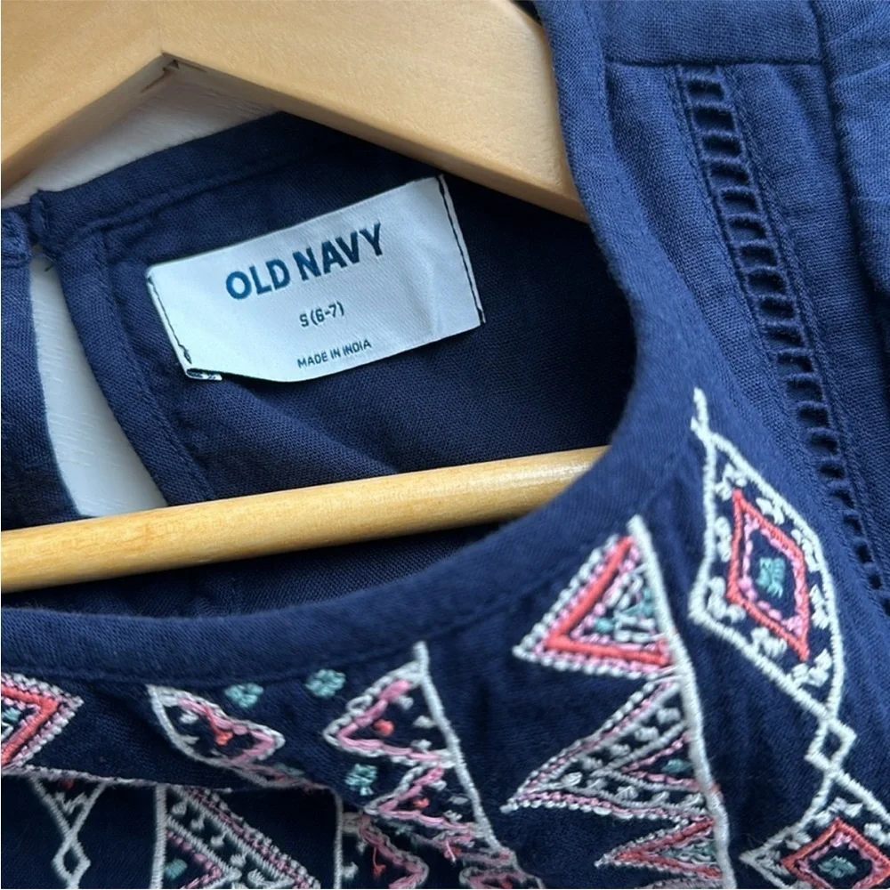 Old Navy • Girls 6-7 Navy Embroidered Flutter Sleeve Cotton Boho Dress